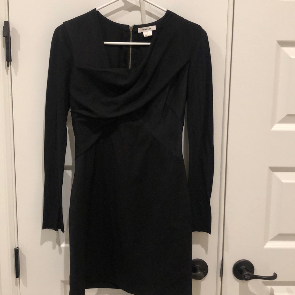 Helmut Lang Black Back Zip Drape Front Long Sleeve Mini Dress Size 0